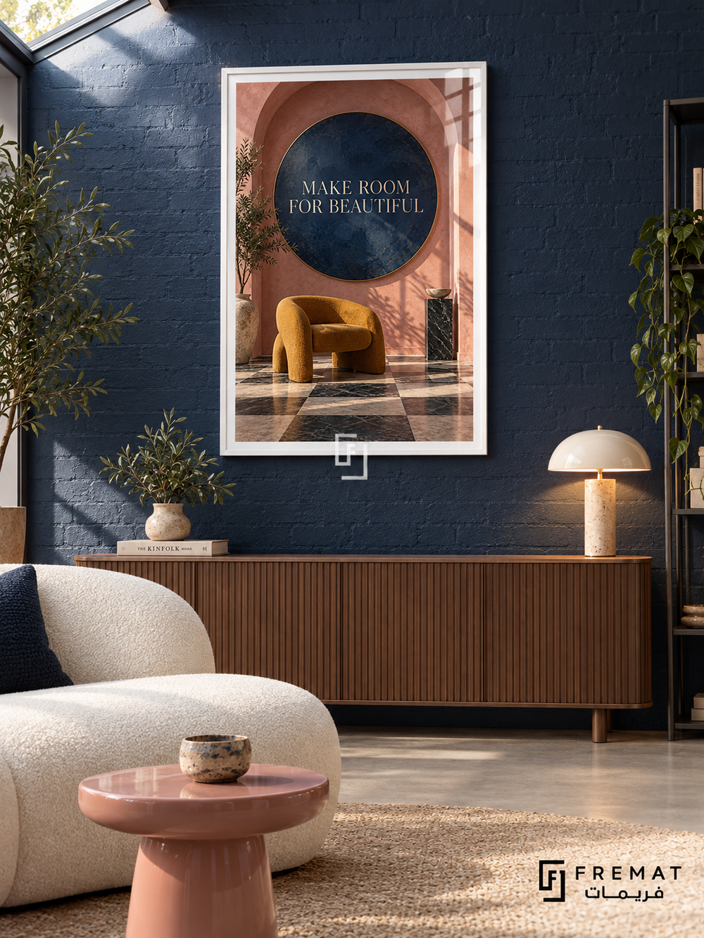 Make Room for Beautiful (com18), White frame with white printed border in a styled interior. A mustard sculptural chair sits beneath a navy circle inside a terracotta arch, with a checkerboard floor and leafy shadows. Small gold lettering reads “MAKE ROOM FOR BEAUTIFUL”.