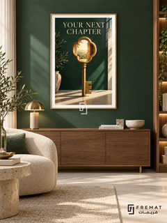 Your Next Chapter (com19), Gold frame with white printed border in a styled interior. An oversized gold key contains an open doorway and a sunlit landscape in its ornamental head. Cream “YOUR NEXT CHAPTER” lettering appears on deep green in a surreal interior scene.