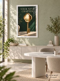Your Next Chapter (com19), White frame with white printed border in a styled interior. An oversized gold key contains an open doorway and a sunlit landscape in its ornamental head. Cream “YOUR NEXT CHAPTER” lettering appears on deep green in a surreal interior scene.