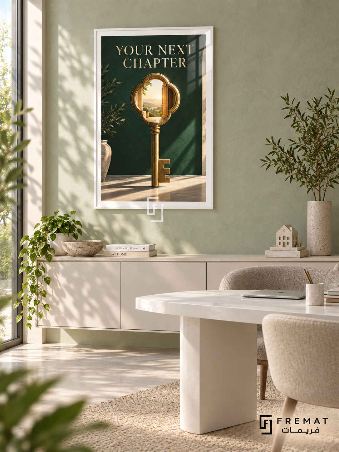 Your Next Chapter (com19), White frame with white printed border in a styled interior. An oversized gold key contains an open doorway and a sunlit landscape in its ornamental head. Cream “YOUR NEXT CHAPTER” lettering appears on deep green in a surreal interior scene.