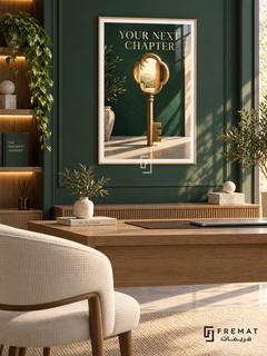 Your Next Chapter (com19), Wooden Texture frame with white printed border in a styled interior. An oversized gold key contains an open doorway and a sunlit landscape in its ornamental head. Cream “YOUR NEXT CHAPTER” lettering appears on deep green in a surreal interior scene.