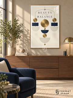 Beauty in the Balance (com20), Gold frame with white printed border in a styled interior. A symmetrical hanging arrangement of gold discs, navy blocks and striped cream semicircles forms a geometric mobile. Widely spaced lettering reads “BEAUTY IN THE BALANCE” on ivory.