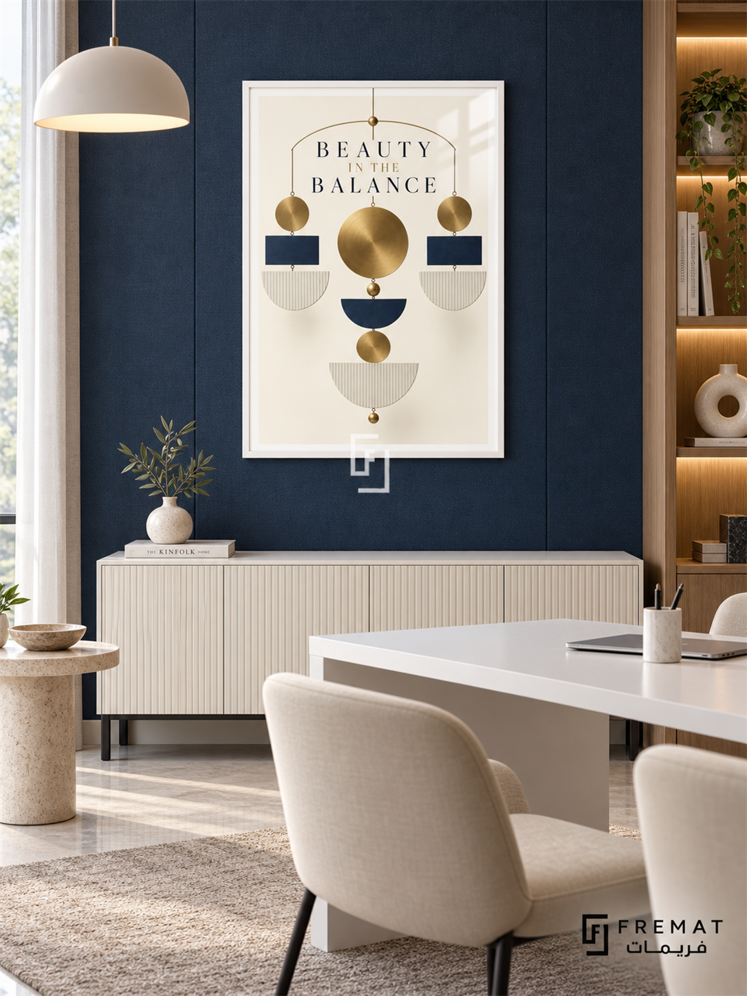 Beauty in the Balance (com20), White frame with white printed border in a styled interior. A symmetrical hanging arrangement of gold discs, navy blocks and striped cream semicircles forms a geometric mobile. Widely spaced lettering reads “BEAUTY IN THE BALANCE” on ivory.