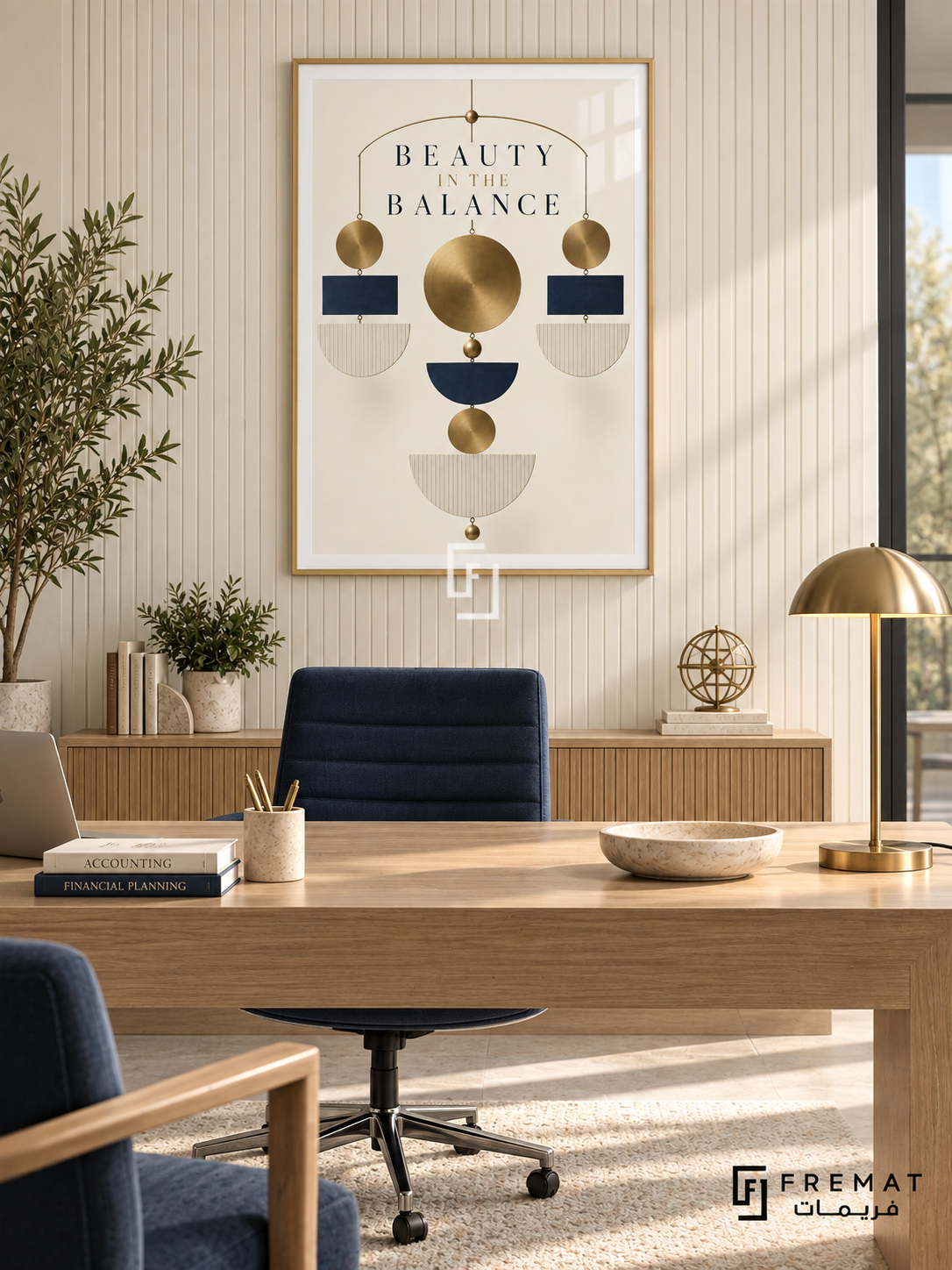 Beauty in the Balance (com20), Wooden Texture frame with white printed border in a styled interior. A symmetrical hanging arrangement of gold discs, navy blocks and striped cream semicircles forms a geometric mobile. Widely spaced lettering reads “BEAUTY IN THE BALANCE” on ivory.