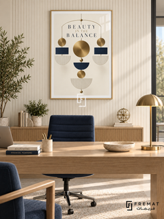 Beauty in the Balance (com20), Wooden Texture frame with white printed border in a styled interior. A symmetrical hanging arrangement of gold discs, navy blocks and striped cream semicircles forms a geometric mobile. Widely spaced lettering reads “BEAUTY IN THE BALANCE” on ivory.