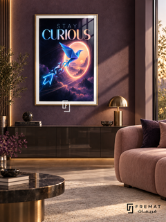 Stay Curious (com22), Gold frame with white printed border in a styled interior. A blue origami bird flies toward a glowing peach portal above purple clouds, followed by luminous cursor-like shapes. Gradient blue and coral lettering reads “STAY CURIOUS”.