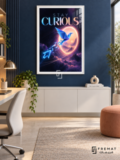 Stay Curious (com22), White frame with white printed border in a styled interior. A blue origami bird flies toward a glowing peach portal above purple clouds, followed by luminous cursor-like shapes. Gradient blue and coral lettering reads “STAY CURIOUS”.