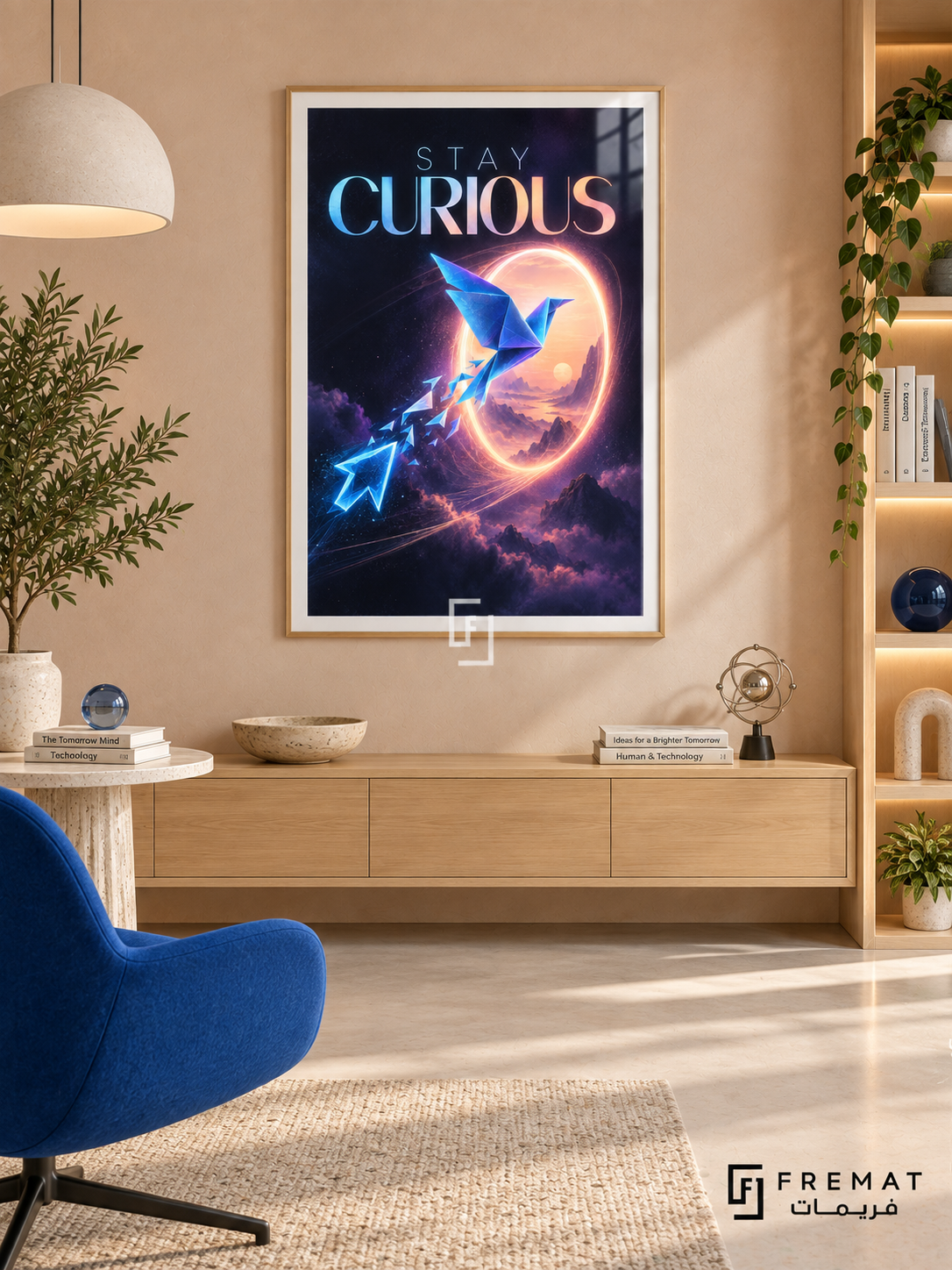 Stay Curious (com22), Wooden Texture frame with white printed border in a styled interior. A blue origami bird flies toward a glowing peach portal above purple clouds, followed by luminous cursor-like shapes. Gradient blue and coral lettering reads “STAY CURIOUS”.