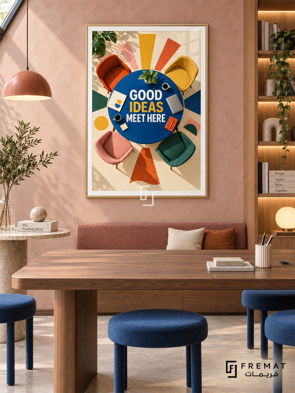 Good Ideas Meet Here (com23), Gold frame with white printed border in a styled interior. A blue round table is surrounded by orange, yellow, pink and green chairs, stationery and cups. Bold “GOOD IDEAS MEET HERE” lettering fills the table in a colorful overhead composition.