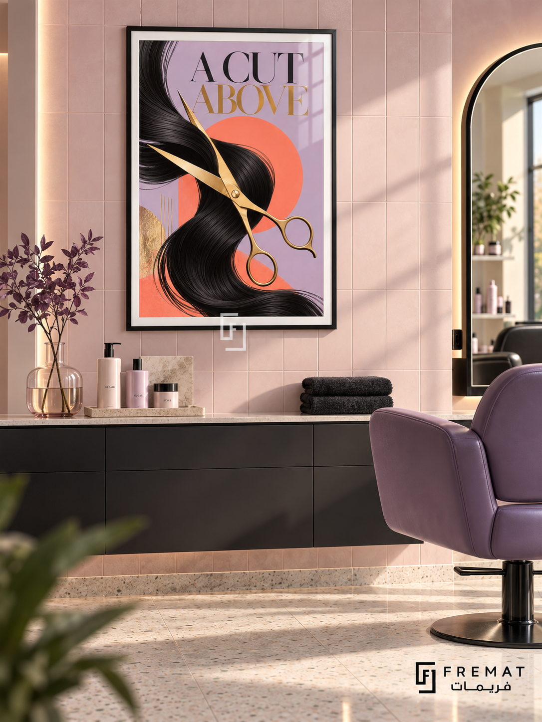 A Cut Above (com24), Black frame with white printed border in a styled interior. Gold scissors cross flowing black hair against lavender and coral shapes. Oversized black and gold serif lettering reads “A CUT ABOVE” in a graphic salon illustration.