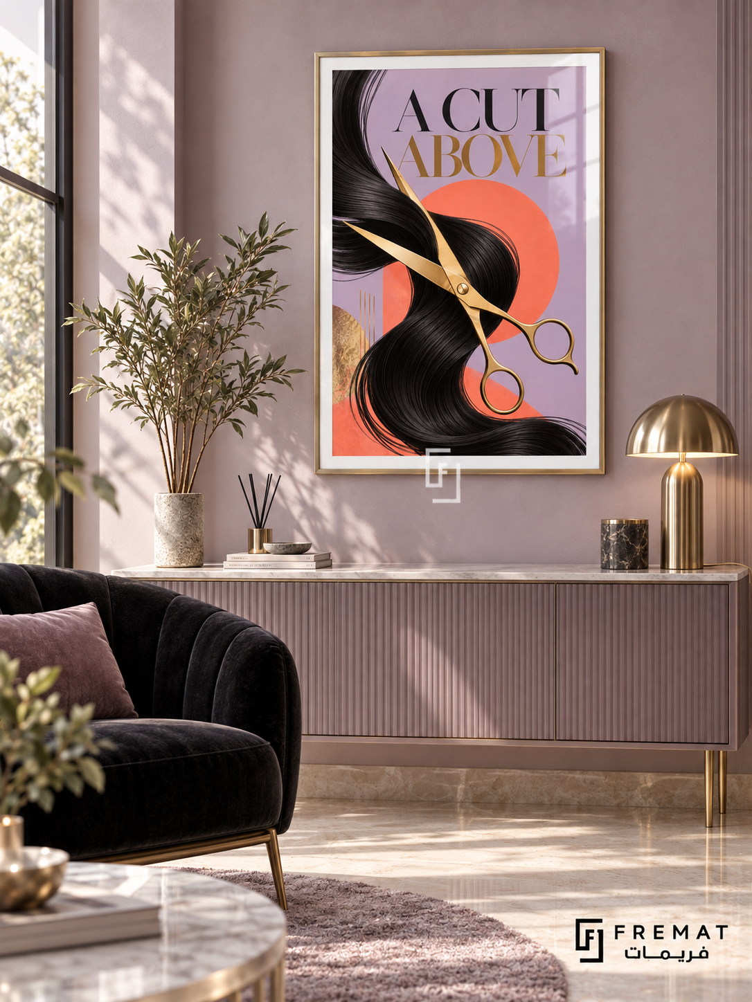 A Cut Above (com24), Gold frame with white printed border in a styled interior. Gold scissors cross flowing black hair against lavender and coral shapes. Oversized black and gold serif lettering reads “A CUT ABOVE” in a graphic salon illustration.