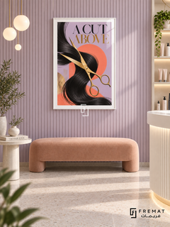 A Cut Above (com24), White frame with white printed border in a styled interior. Gold scissors cross flowing black hair against lavender and coral shapes. Oversized black and gold serif lettering reads “A CUT ABOVE” in a graphic salon illustration.