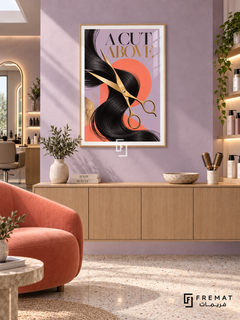 A Cut Above (com24), Wooden Texture frame with white printed border in a styled interior. Gold scissors cross flowing black hair against lavender and coral shapes. Oversized black and gold serif lettering reads “A CUT ABOVE” in a graphic salon illustration.