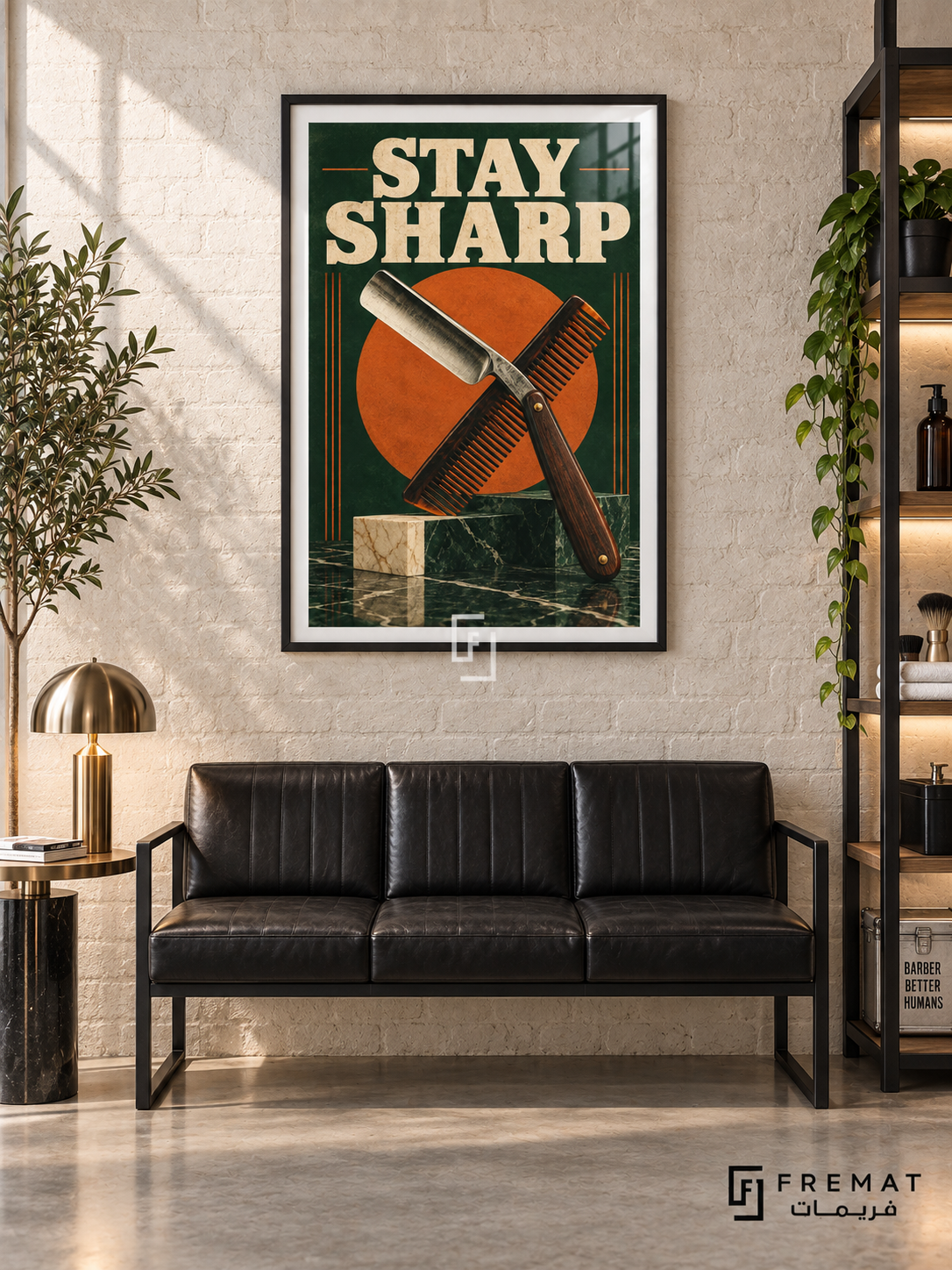 Stay Sharp (com25), Black frame with white printed border in a styled interior. An open straight razor crosses a comb over an orange disc, forest green and marble-like blocks. Bold cream “STAY SHARP” lettering gives the illustration a distressed vintage-poster treatment.