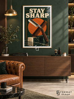 Stay Sharp (com25), Gold frame with white printed border in a styled interior. An open straight razor crosses a comb over an orange disc, forest green and marble-like blocks. Bold cream “STAY SHARP” lettering gives the illustration a distressed vintage-poster treatment.