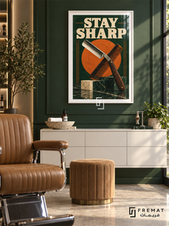 Stay Sharp (com25), White frame with white printed border in a styled interior. An open straight razor crosses a comb over an orange disc, forest green and marble-like blocks. Bold cream “STAY SHARP” lettering gives the illustration a distressed vintage-poster treatment.