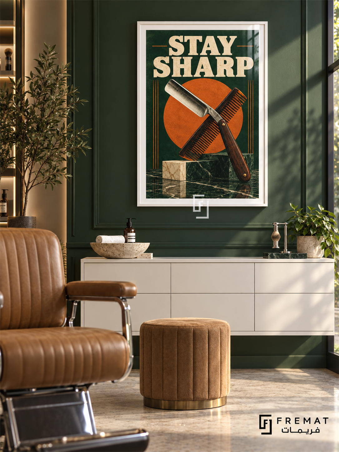 Stay Sharp (com25), White frame with white printed border in a styled interior. An open straight razor crosses a comb over an orange disc, forest green and marble-like blocks. Bold cream “STAY SHARP” lettering gives the illustration a distressed vintage-poster treatment.