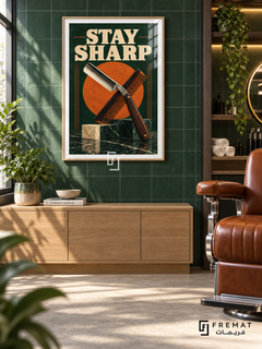 Stay Sharp (com25), Wooden Texture frame with white printed border in a styled interior. An open straight razor crosses a comb over an orange disc, forest green and marble-like blocks. Bold cream “STAY SHARP” lettering gives the illustration a distressed vintage-poster treatment.