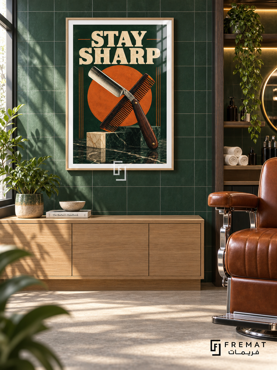 Stay Sharp (com25), Wooden Texture frame with white printed border in a styled interior. An open straight razor crosses a comb over an orange disc, forest green and marble-like blocks. Bold cream “STAY SHARP” lettering gives the illustration a distressed vintage-poster treatment.