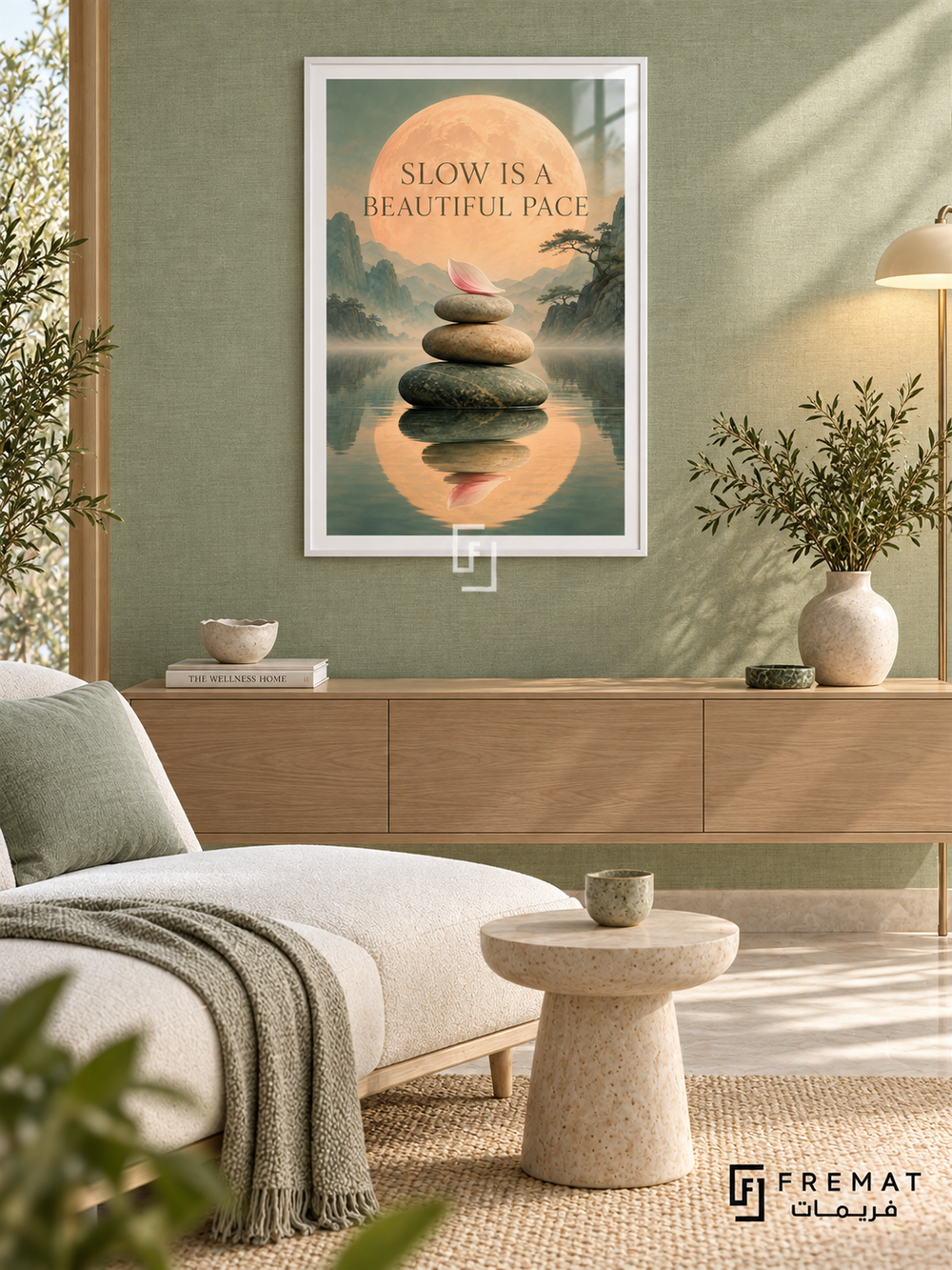 Slow Is a Beautiful Pace (com26), White frame with white printed border in a styled interior. Three smooth stones and a pink petal balance above still water beneath a large peach moon. Misty green mountains surround “SLOW IS A BEAUTIFUL PACE” in a tranquil surreal landscape.