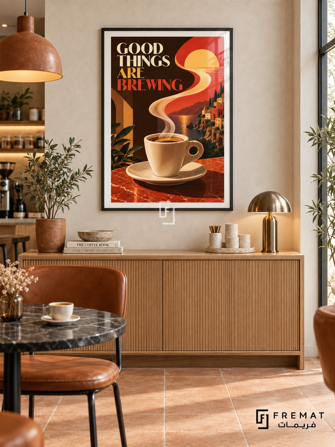 Good Things Are Brewing (com27), Black frame with white printed border in a styled interior. Steam rises from a cream coffee cup into a winding sunset above a hillside town and water. Cream and red “GOOD THINGS ARE BREWING” lettering contrasts with warm orange and dark brown.