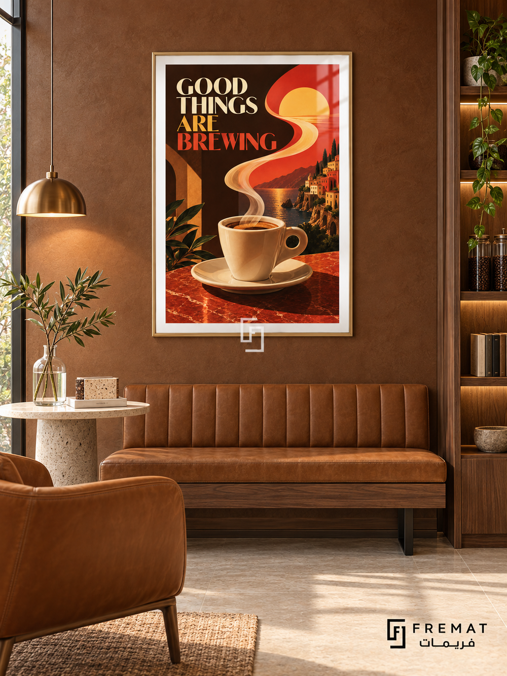 Good Things Are Brewing (com27), Gold frame with white printed border in a styled interior. Steam rises from a cream coffee cup into a winding sunset above a hillside town and water. Cream and red “GOOD THINGS ARE BREWING” lettering contrasts with warm orange and dark brown.