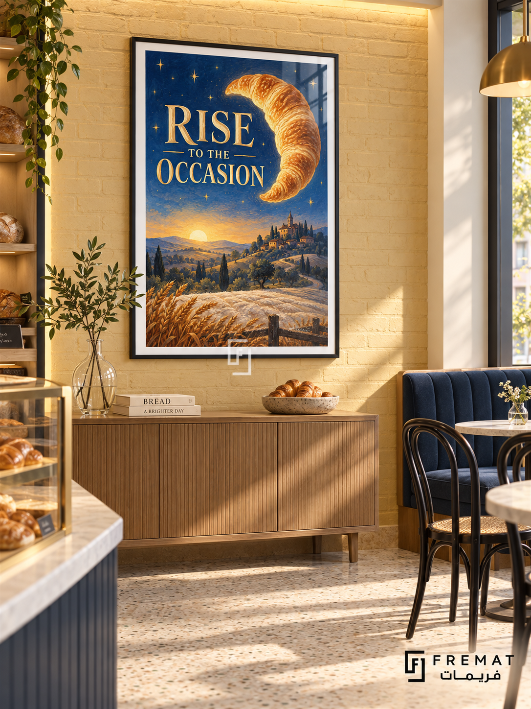 Rise to the Occasion (com28), Black frame with white printed border in a styled interior. A golden croissant floats like a crescent moon above wheat fields, hills and a distant town at sunrise. Gold lettering reads “RISE TO THE OCCASION” against a starry blue sky.