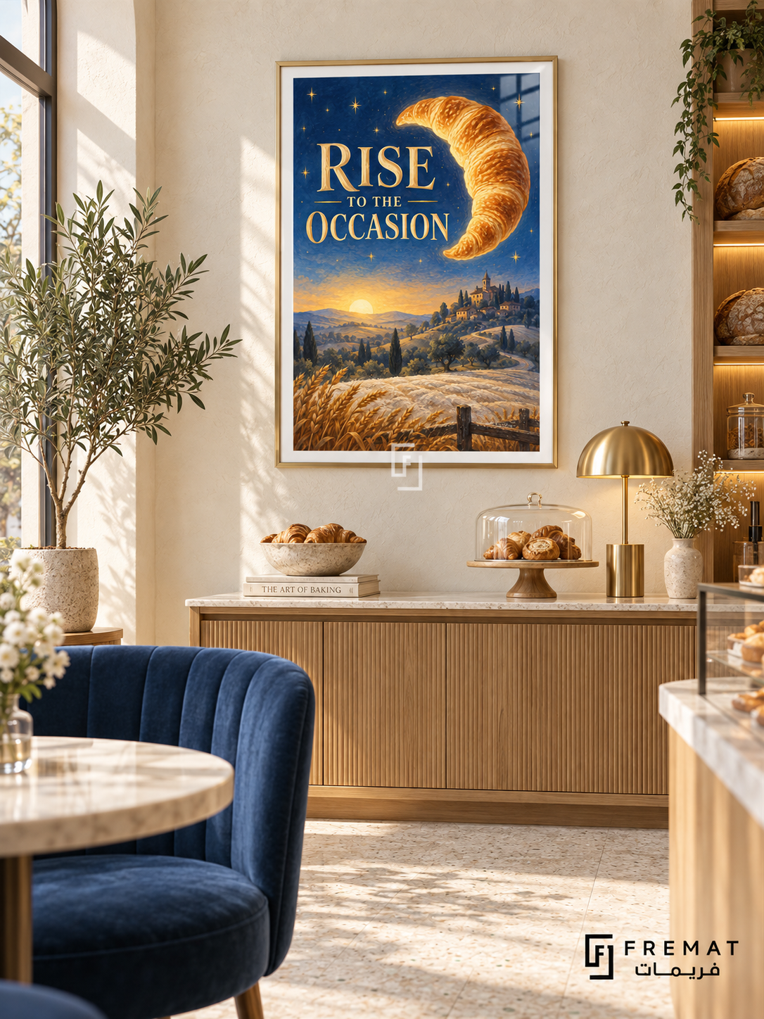 Rise to the Occasion (com28), Gold frame with white printed border in a styled interior. A golden croissant floats like a crescent moon above wheat fields, hills and a distant town at sunrise. Gold lettering reads “RISE TO THE OCCASION” against a starry blue sky.