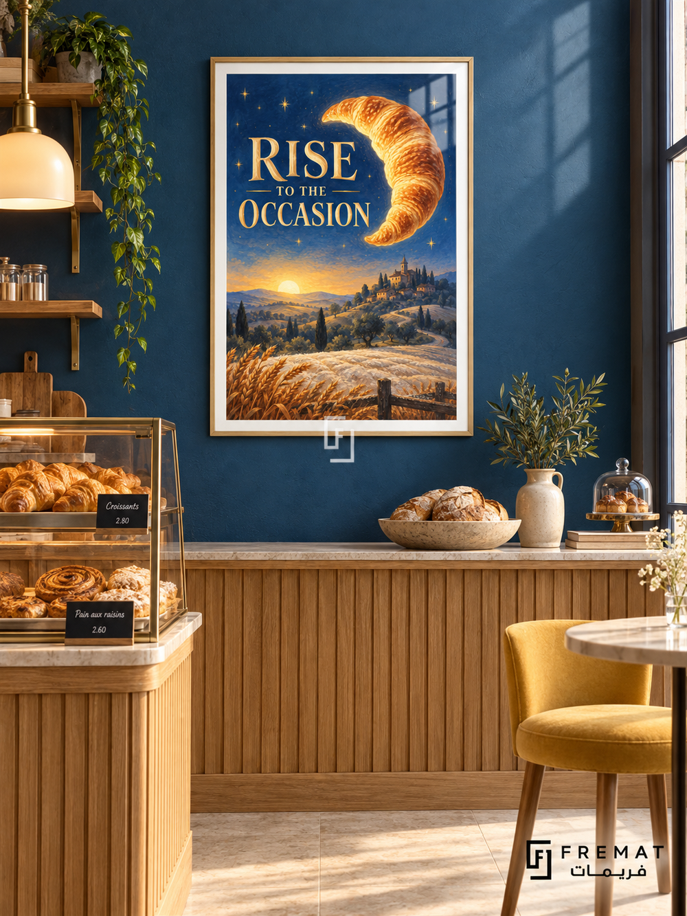 Rise to the Occasion (com28), Wooden Texture frame with white printed border in a styled interior. A golden croissant floats like a crescent moon above wheat fields, hills and a distant town at sunrise. Gold lettering reads “RISE TO THE OCCASION” against a starry blue sky.