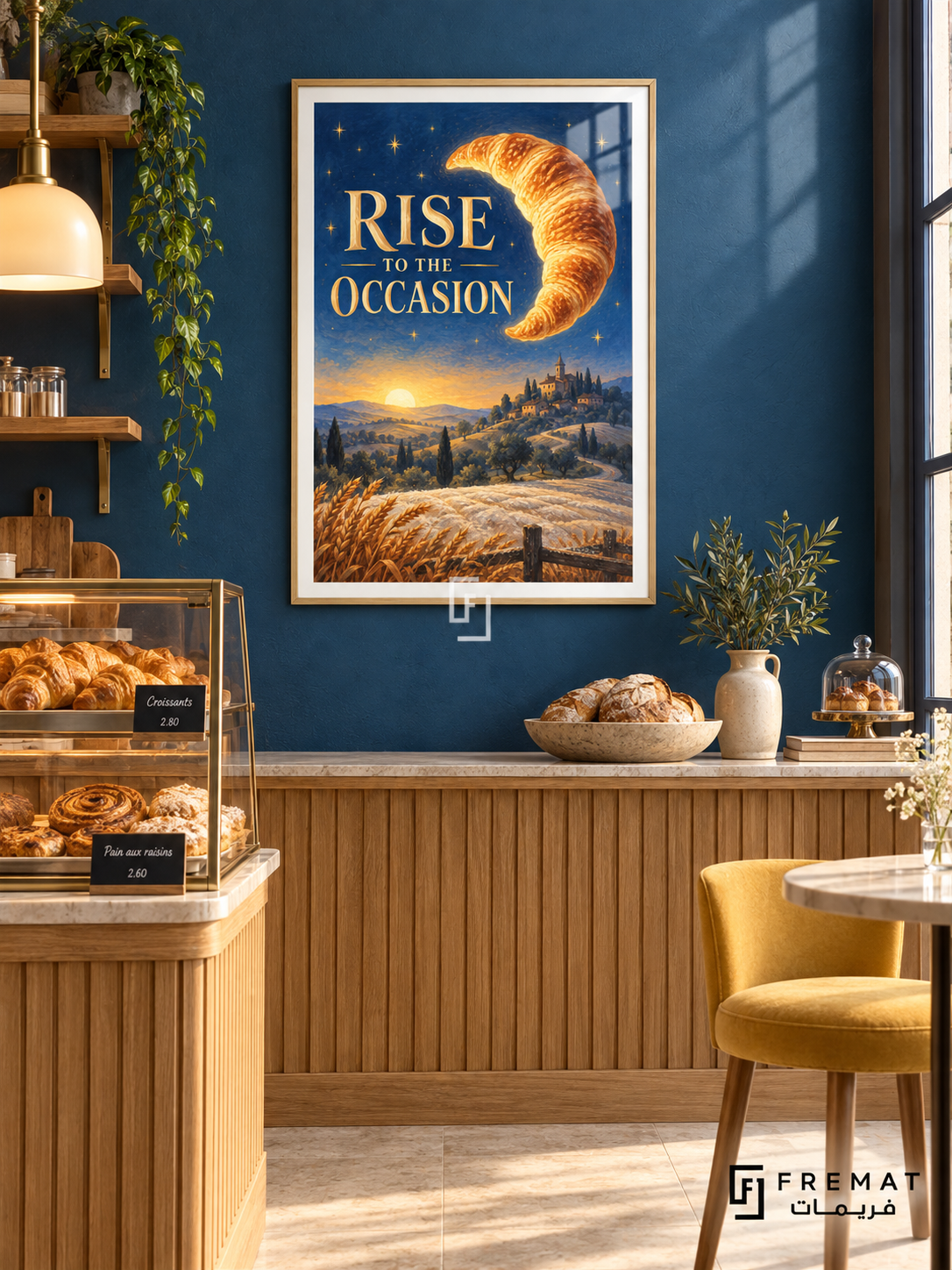 Rise to the Occasion (com28), Wooden Texture frame with white printed border in a styled interior. A golden croissant floats like a crescent moon above wheat fields, hills and a distant town at sunrise. Gold lettering reads “RISE TO THE OCCASION” against a starry blue sky.