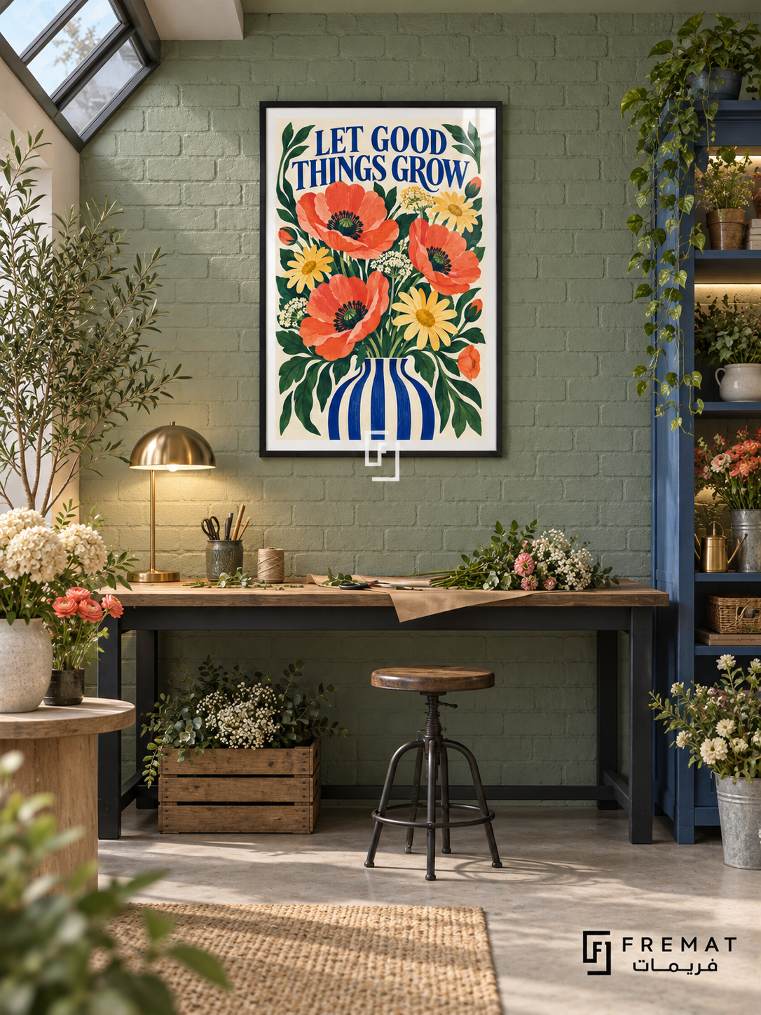 Let Good Things Grow (com29), Black frame with white printed border in a styled interior. Red poppies, yellow daisies and white blossoms fill a blue-and-white striped vase. Dark green foliage surrounds blue “LET GOOD THINGS GROW” lettering in a lively painted floral illustration.