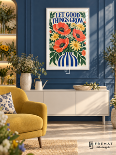 Let Good Things Grow (com29), White frame with white printed border in a styled interior. Red poppies, yellow daisies and white blossoms fill a blue-and-white striped vase. Dark green foliage surrounds blue “LET GOOD THINGS GROW” lettering in a lively painted floral illustration.