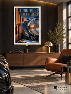 Details Make the Difference (com30), Gold frame with white printed border in a styled interior. A close-up of a dark blue vintage-style car shows a round chrome headlight and glossy curved bodywork reflecting orange light bars. Tall lettering reads “DETAILS MAKE THE DIFFERENCE”.