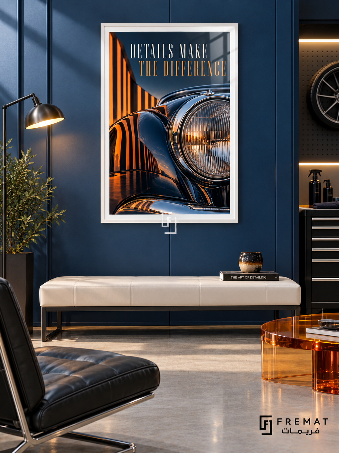 Details Make the Difference (com30), White frame with white printed border in a styled interior. A close-up of a dark blue vintage-style car shows a round chrome headlight and glossy curved bodywork reflecting orange light bars. Tall lettering reads “DETAILS MAKE THE DIFFERENCE”.