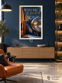 Details Make the Difference (com30), Wooden Texture frame with white printed border in a styled interior. A close-up of a dark blue vintage-style car shows a round chrome headlight and glossy curved bodywork reflecting orange light bars. Tall lettering reads “DETAILS MAKE THE DIFFERENCE”.