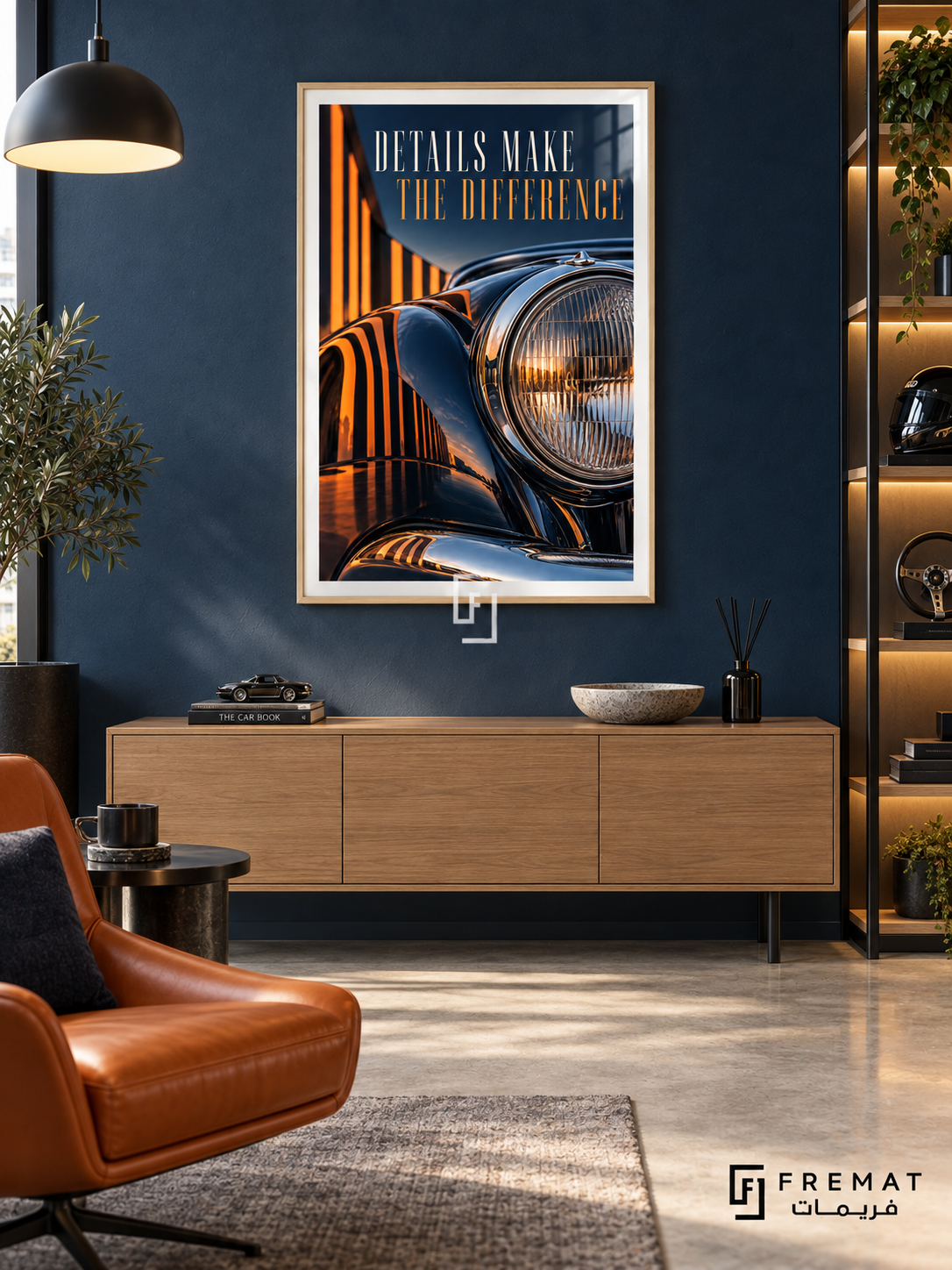 Details Make the Difference (com30), Wooden Texture frame with white printed border in a styled interior. A close-up of a dark blue vintage-style car shows a round chrome headlight and glossy curved bodywork reflecting orange light bars. Tall lettering reads “DETAILS MAKE THE DIFFERENCE”.