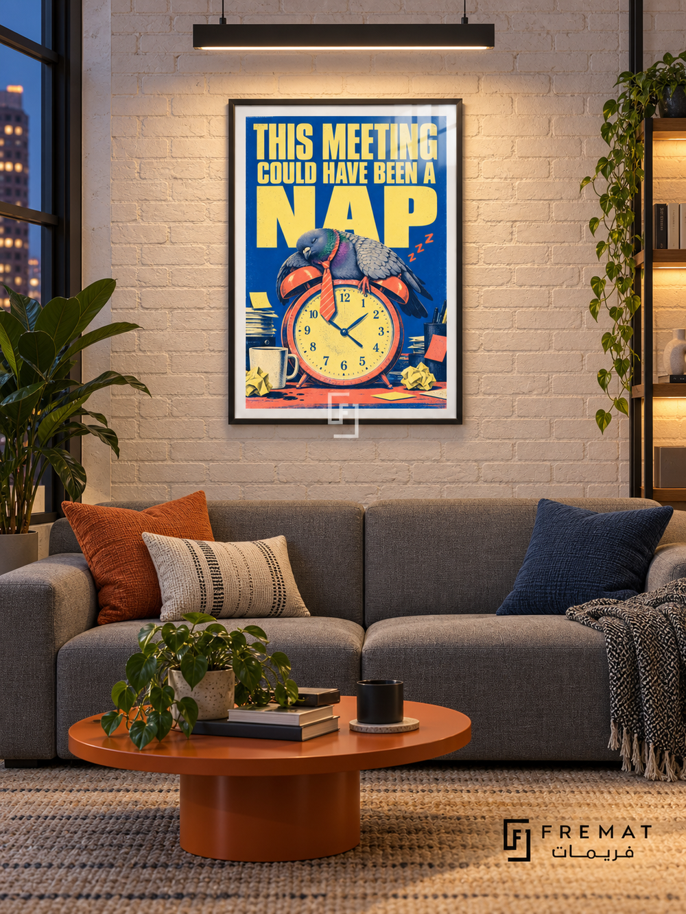 Meeting Nap (fun01) — Black frame, white paper border and FREMAT branding in a styled interior. A sleeping pigeon slumps over an orange alarm clock among papers and mugs. Oversized yellow lettering on blue reads “THIS MEETING COULD HAVE BEEN A NAP,” with a distressed retro print texture.