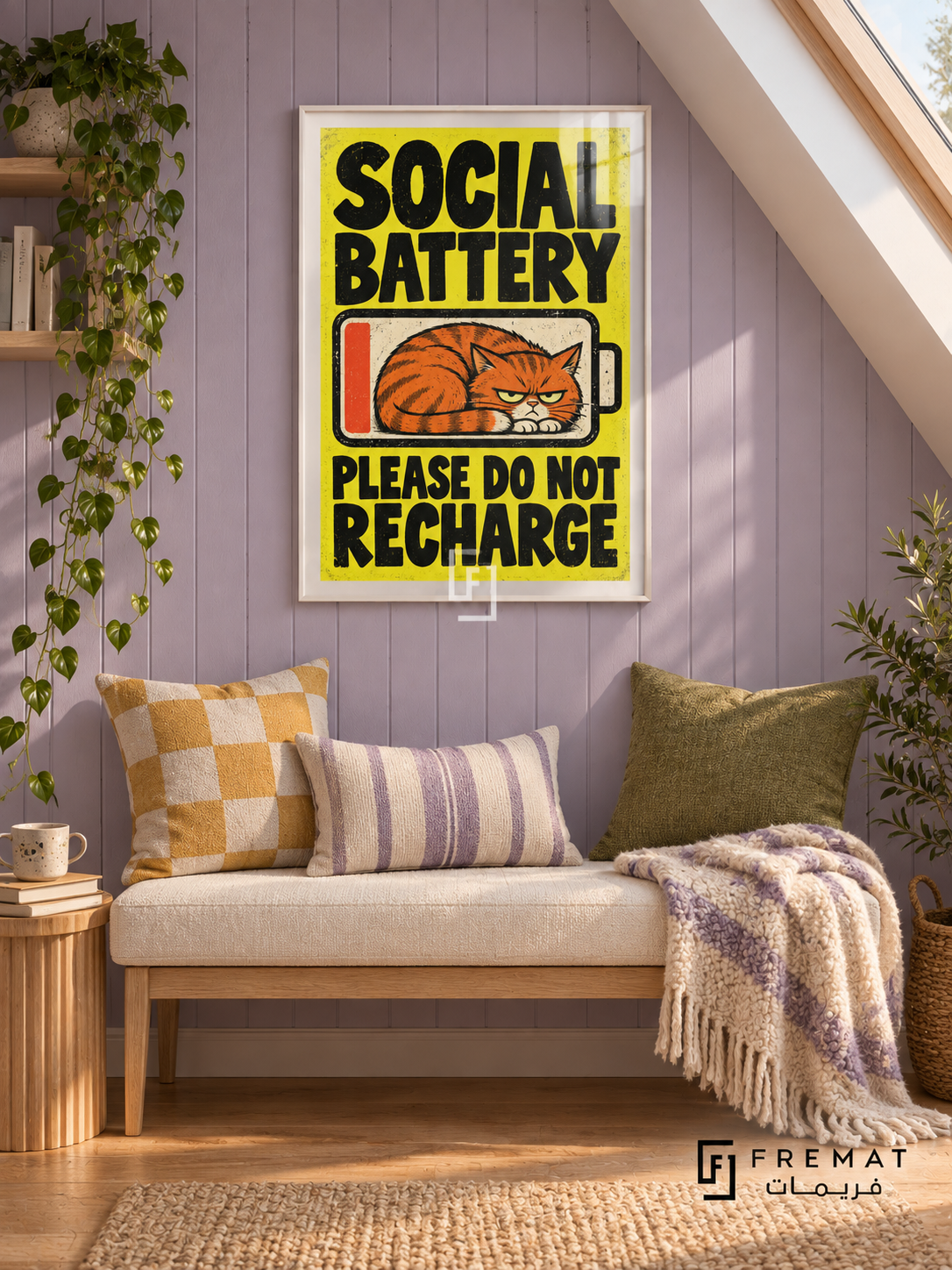 Social Battery (fun02) — White frame, white paper border and FREMAT branding in a styled interior. A grumpy orange cat curls inside a low-battery symbol. Bold black lettering on bright yellow reads “SOCIAL BATTERY — PLEASE DO NOT RECHARGE,” in a textured cartoon poster.