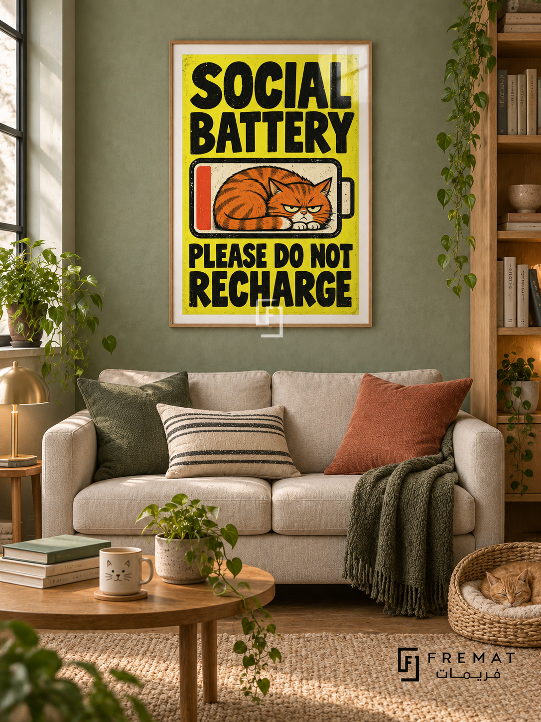 Social Battery (fun02) — Wooden Texture frame, white paper border and FREMAT branding in a styled interior. A grumpy orange cat curls inside a low-battery symbol. Bold black lettering on bright yellow reads “SOCIAL BATTERY — PLEASE DO NOT RECHARGE,” in a textured cartoon poster.