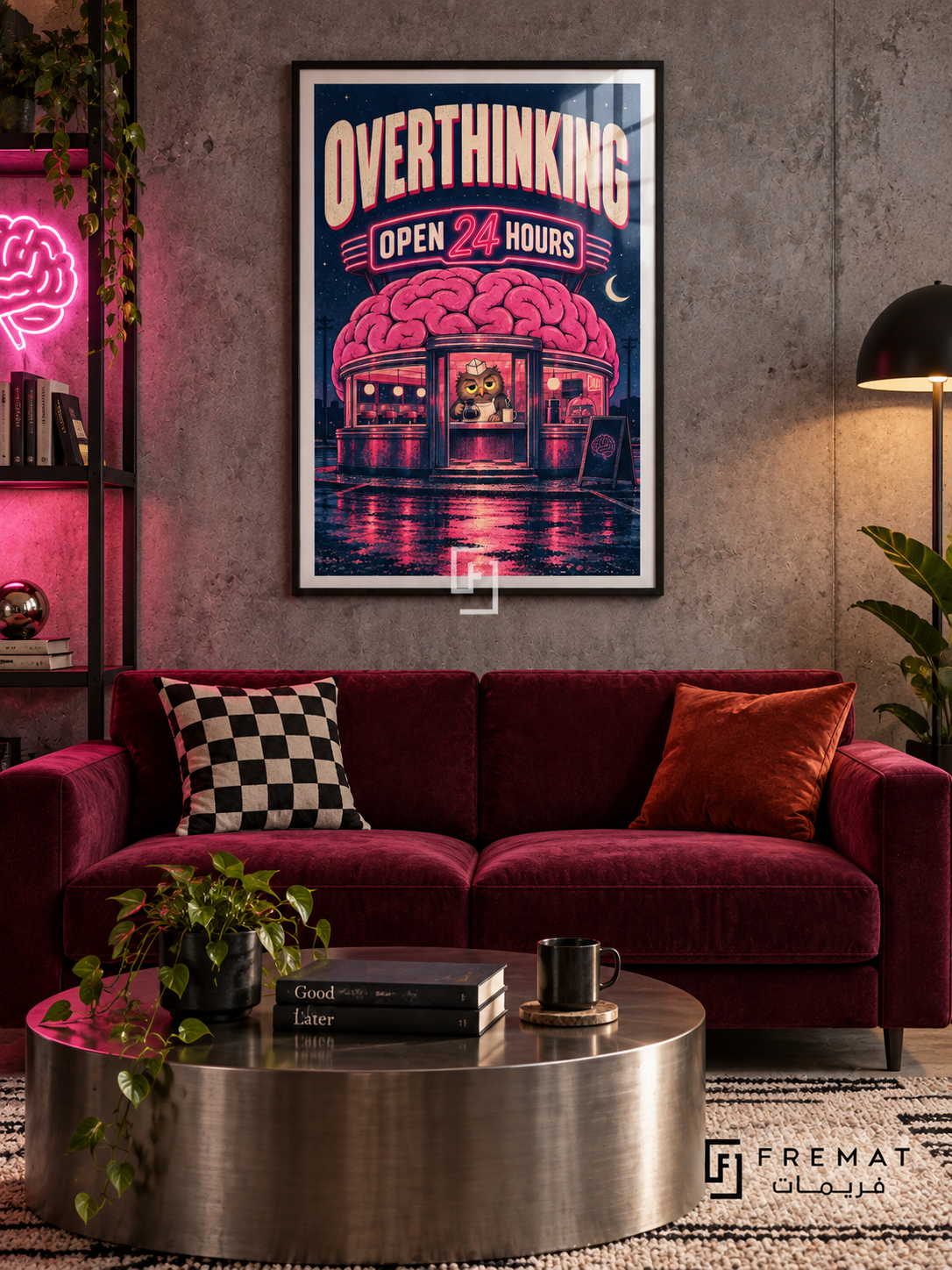 Overthinking Diner (fun03) — Black frame, white paper border and FREMAT branding in a styled interior. A pink brain forms the roof of a glowing diner with an owl at the counter. Cream and neon-pink lettering reads “OVERTHINKING — OPEN 24 HOURS” against a dark navy night scene.