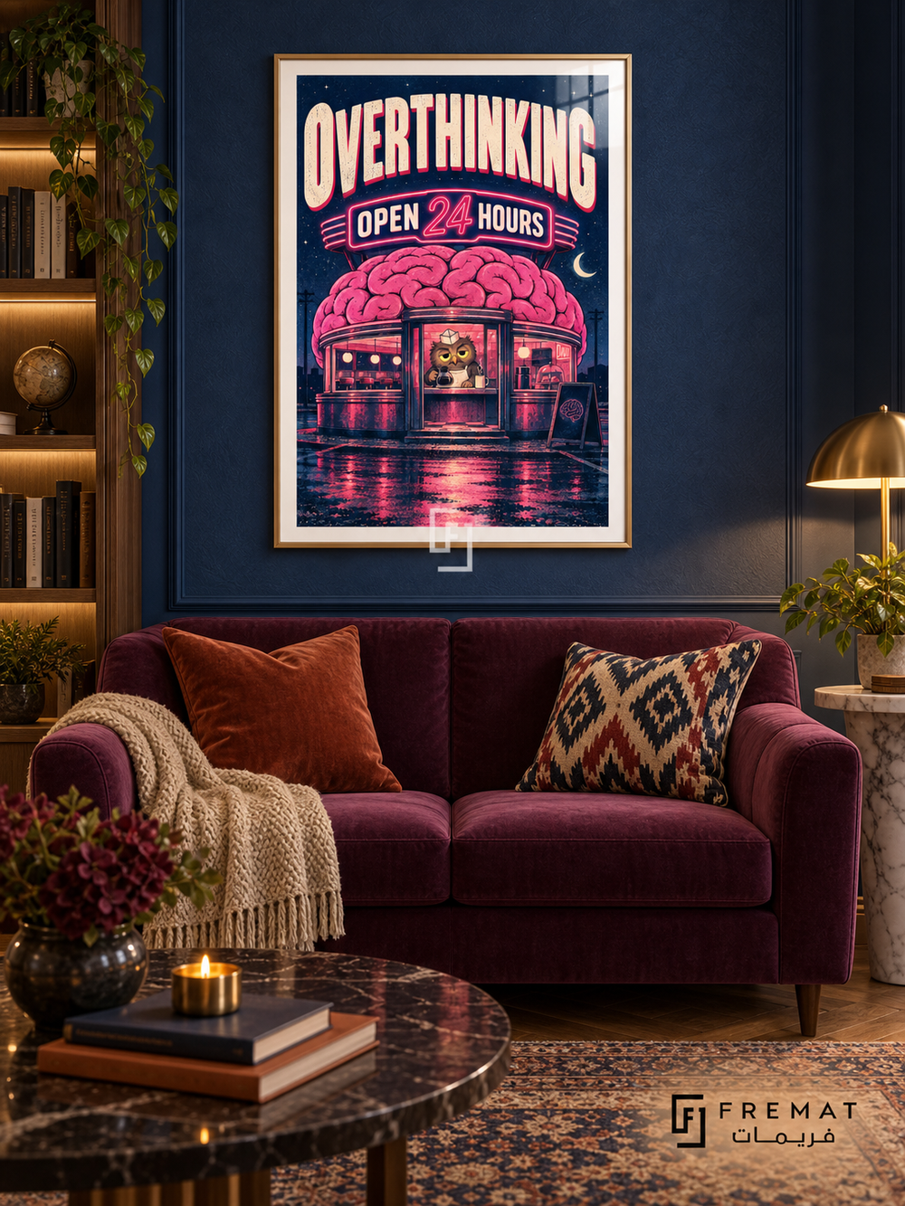 Overthinking Diner (fun03) — Gold frame, white paper border and FREMAT branding in a styled interior. A pink brain forms the roof of a glowing diner with an owl at the counter. Cream and neon-pink lettering reads “OVERTHINKING — OPEN 24 HOURS” against a dark navy night scene.