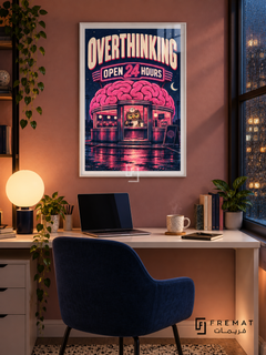 Overthinking Diner (fun03) — White frame, white paper border and FREMAT branding in a styled interior. A pink brain forms the roof of a glowing diner with an owl at the counter. Cream and neon-pink lettering reads “OVERTHINKING — OPEN 24 HOURS” against a dark navy night scene.