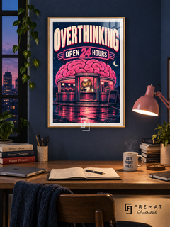 Overthinking Diner (fun03) — Wooden Texture frame, white paper border and FREMAT branding in a styled interior. A pink brain forms the roof of a glowing diner with an owl at the counter. Cream and neon-pink lettering reads “OVERTHINKING — OPEN 24 HOURS” against a dark navy night scene.