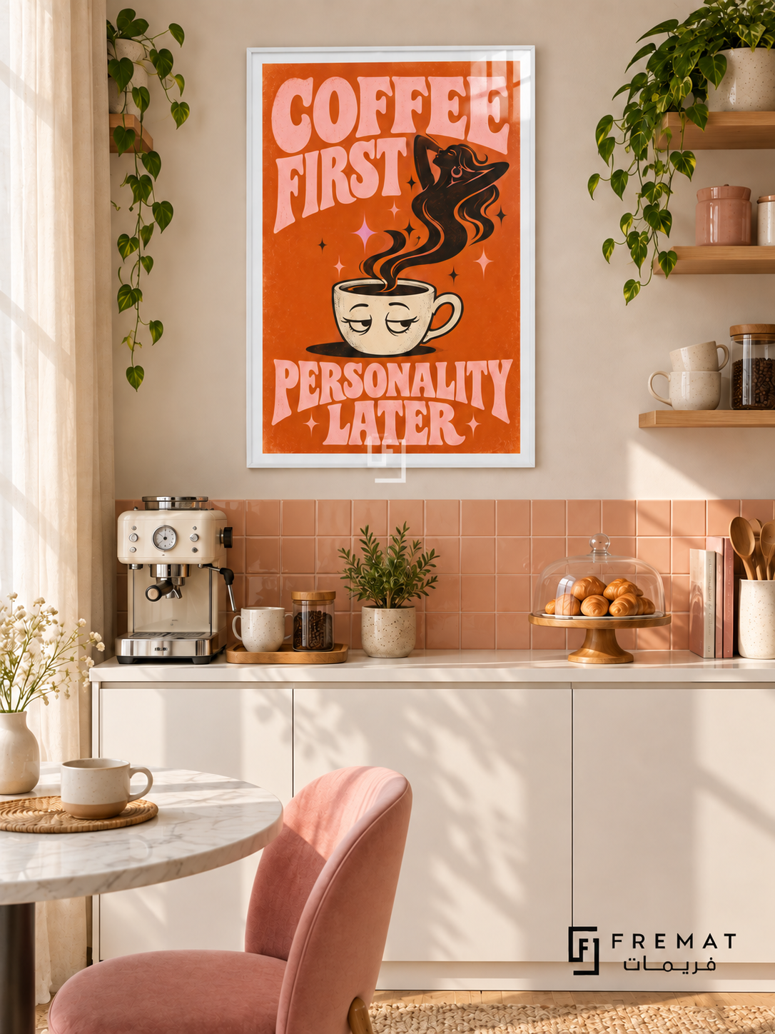 Coffee First (fun04) — White frame, white paper border and FREMAT branding in a styled interior. A sleepy coffee cup releases curling black steam beneath chunky pink lettering reading “COFFEE FIRST — PERSONALITY LATER.” Burnt orange, cream and black give this illustration a retro poster finish.