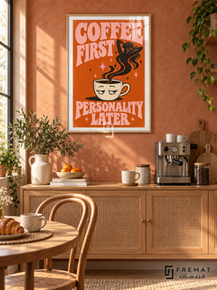 Coffee First (fun04) — Wooden Texture frame, white paper border and FREMAT branding in a styled interior. A sleepy coffee cup releases curling black steam beneath chunky pink lettering reading “COFFEE FIRST — PERSONALITY LATER.” Burnt orange, cream and black give this illustration a retro poster finish.