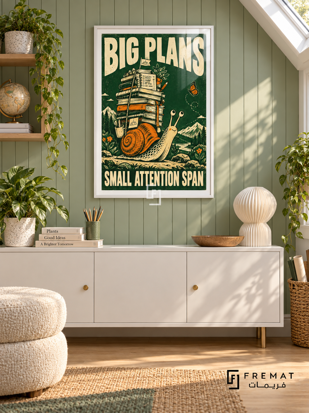 Big Plans Snail (fun05) — White frame, white paper border and FREMAT branding in a styled interior. A snail carries a towering stack of books while a butterfly hovers nearby. Cream lettering reads “BIG PLANS — SMALL ATTENTION SPAN” over forest green and orange linocut-style illustration.