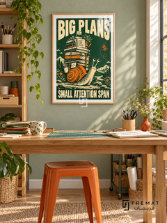 Big Plans Snail (fun05) — Wooden Texture frame, white paper border and FREMAT branding in a styled interior. A snail carries a towering stack of books while a butterfly hovers nearby. Cream lettering reads “BIG PLANS — SMALL ATTENTION SPAN” over forest green and orange linocut-style illustration.