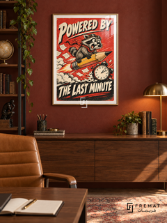 Last Minute Power (fun06) — Gold frame, white paper border and FREMAT branding in a styled interior. A wide-eyed raccoon rides a rocket-powered pencil beside an alarm clock and flying papers. Angled cream lettering reads “POWERED BY THE LAST MINUTE” across a red and charcoal comic-style print.