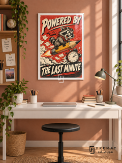 Last Minute Power (fun06) — White frame, white paper border and FREMAT branding in a styled interior. A wide-eyed raccoon rides a rocket-powered pencil beside an alarm clock and flying papers. Angled cream lettering reads “POWERED BY THE LAST MINUTE” across a red and charcoal comic-style print.
