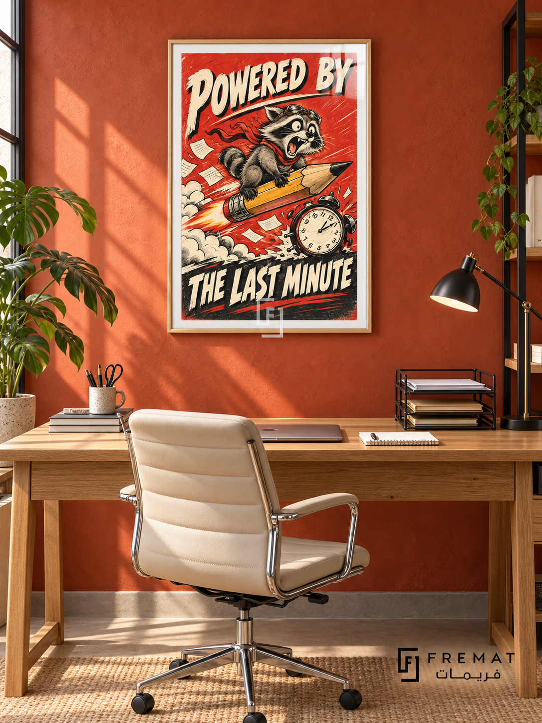 Last Minute Power (fun06) — Wooden Texture frame, white paper border and FREMAT branding in a styled interior. A wide-eyed raccoon rides a rocket-powered pencil beside an alarm clock and flying papers. Angled cream lettering reads “POWERED BY THE LAST MINUTE” across a red and charcoal comic-style print.